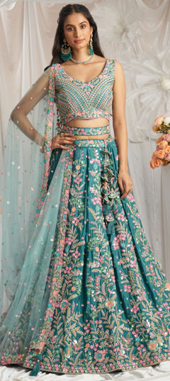 Bridal, Wedding Blue color Lehenga in Georgette fabric with Flared Embroidered, Sequence, Thread, Zircon work : 1970329