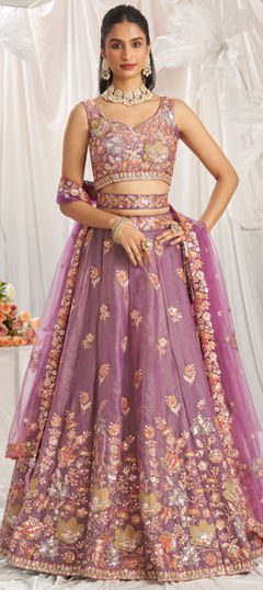 Bridal, Wedding Purple and Violet color Lehenga in Organza Silk fabric with Flared Embroidered, Sequence, Zircon work : 1970331