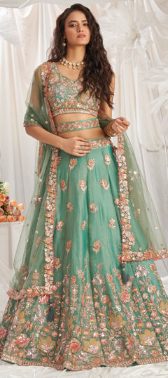 Bridal, Wedding Green color Lehenga in Organza Silk fabric with Flared Embroidered, Sequence, Zircon work : 1970332