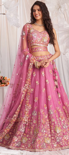 Bridal, Wedding Pink and Majenta color Lehenga in Organza Silk fabric with Flared Embroidered, Sequence, Zircon work : 1970333