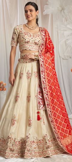 Red and Maroon color Lehenga in Tissue fabric with Embroidered, Gota Patti, Moti, Sequence work