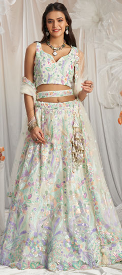 Beige and Brown color Lehenga in Net fabric with Embroidered, Sequence work