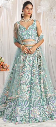 Green color Lehenga in Net fabric with Embroidered, Sequence work