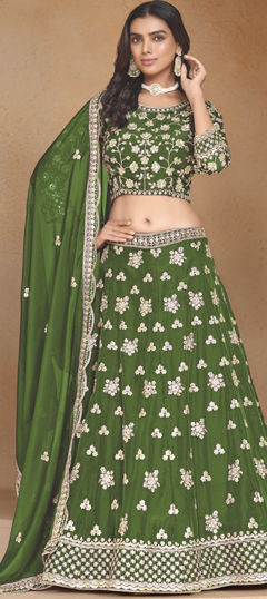 Engagement, Wedding Green color Lehenga in Organza Silk fabric with Flared Sequence, Thread work : 1970359