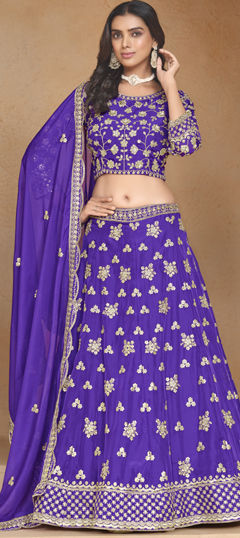 Engagement, Wedding Purple and Violet color Lehenga in Organza Silk fabric with Flared Sequence, Thread work : 1970362