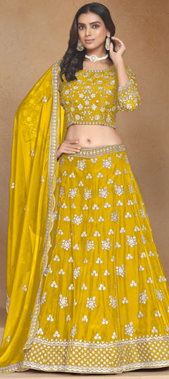 Engagement, Wedding Yellow color Lehenga in Organza Silk fabric with Flared Sequence, Thread work : 1970365