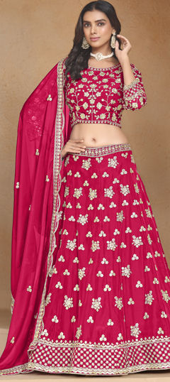 Engagement, Wedding Pink and Majenta color Lehenga in Organza Silk fabric with Flared Sequence, Thread work : 1970366