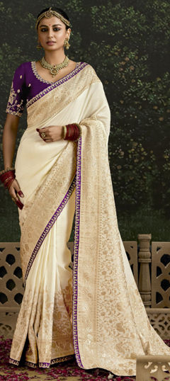 White and Off White color Saree in Organza Silk fabric with Embroidered, Lace, Sequence, Weaving work