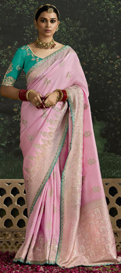 Bridal, Wedding Pink and Majenta color Saree in Organza Silk fabric with Classic Embroidered, Lace, Sequence, Weaving work : 1970375