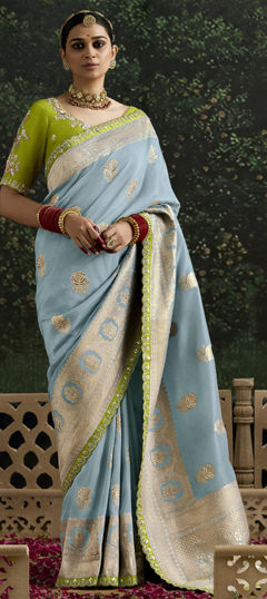 Black and Grey color Saree in Organza Silk fabric with Embroidered, Lace, Sequence, Weaving work