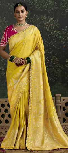 Yellow color Saree in Organza Silk fabric with Embroidered, Lace, Sequence, Weaving work