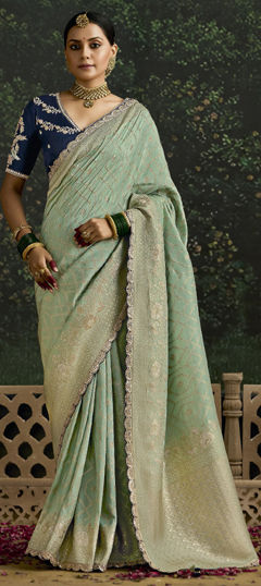 Bridal, Wedding Green color Saree in Organza Silk fabric with Classic Embroidered, Lace, Sequence, Weaving work : 1970380