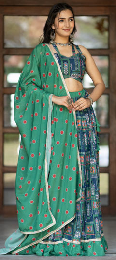 Engagement, Mehendi Sangeet Multicolor color Lehenga in Blended fabric with Flared Printed work : 1970419