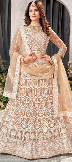 Beige and Brown color Lehenga in Net fabric with Embroidered, Sequence, Thread work