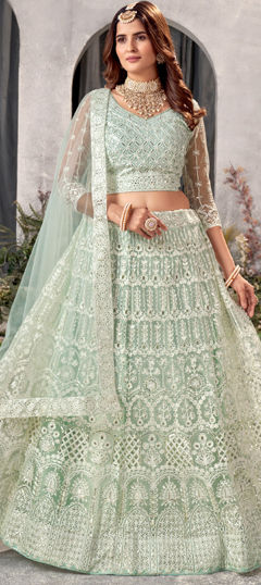 Green color Lehenga in Net fabric with Embroidered, Sequence, Thread work