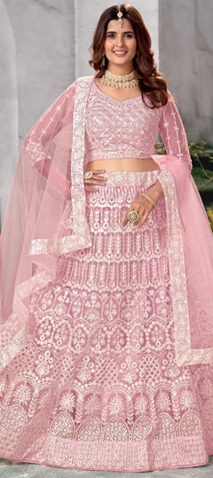 Pink and Majenta color Lehenga in Net fabric with Embroidered, Sequence, Thread work