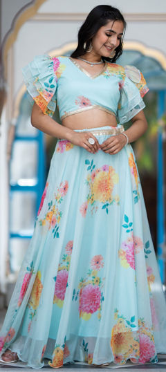 Engagement, Mehendi Sangeet Blue color Lehenga in Organza Silk fabric with Flared Floral, Printed work : 1970428