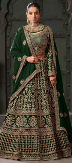Green color Ready to Wear Lehenga in Georgette fabric with Embroidered, Stone, Thread, Zari, Zircon work