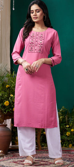Pink and Majenta color Salwar Kameez in Cotton fabric with Embroidered, Mirror, Resham, Thread work