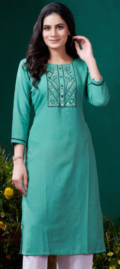 Summer Green color Kurti in Cotton fabric with Straight Embroidered, Resham, Thread, Zari work : 1970459