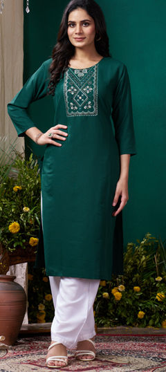 Green color Salwar Kameez in Cotton fabric with Embroidered, Mirror, Resham, Thread work