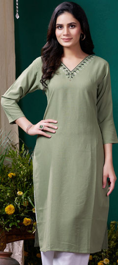 Summer Green color Kurti in Cotton fabric with Straight Embroidered, Resham, Thread, Zari work : 1970461