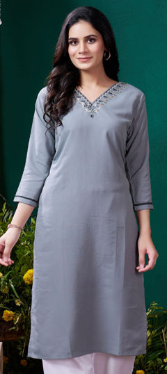 Summer Black and Grey color Kurti in Cotton fabric with Straight Embroidered, Resham, Thread, Zari work : 1970463