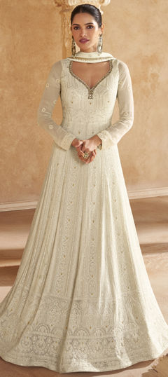 White and Off White color Gown in Georgette fabric with Embroidered, Resham, Thread work