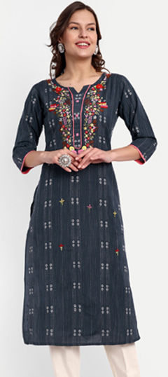 Blue color Kurti in Cotton fabric with Resham, Thread work