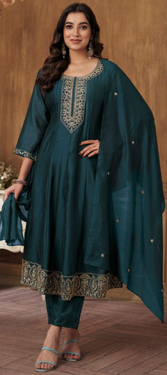 Festive, Party Wear Blue color Salwar Kameez in Silk fabric with Anarkali Embroidered, Thread work : 1970529