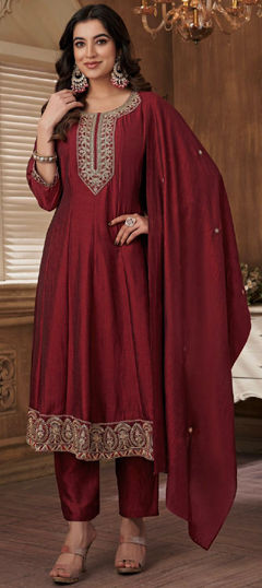 Festive, Party Wear Red and Maroon color Salwar Kameez in Silk fabric with Anarkali Embroidered, Thread work : 1970530