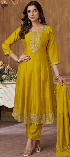 Festive, Party Wear Yellow color Salwar Kameez in Silk fabric with Anarkali Embroidered, Thread work : 1970531