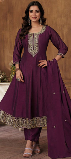 Festive, Party Wear Purple and Violet color Salwar Kameez in Silk fabric with Anarkali Embroidered, Thread work : 1970533