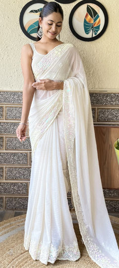 Festive, Party Wear, Wedding White and Off White color Saree in Georgette fabric with Classic Embroidered, Sequence, Thread work : 1970577