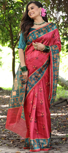 Red and Maroon color Saree in Tussar Silk fabric with Printed work