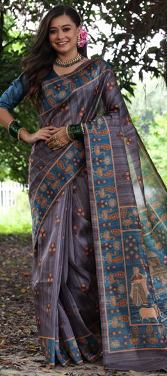 Black and Grey color Saree in Tussar Silk fabric with Printed work