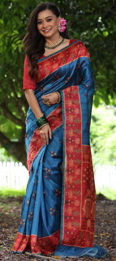 Blue color Saree in Tussar Silk fabric with Printed work