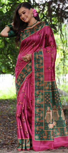 Pink and Majenta color Saree in Tussar Silk fabric with Printed work