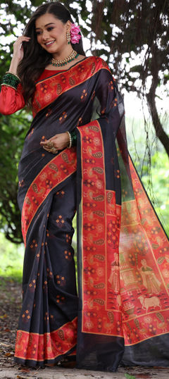 Black and Grey color Saree in Tussar Silk fabric with Printed work