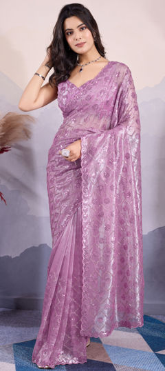 Engagement, Festive, Reception Purple and Violet color Saree in Net fabric with Classic Embroidered, Sequence, Thread work : 1970591