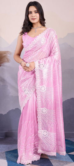 Pink and Majenta color Saree in Net fabric with Embroidered, Printed, Sequence, Thread work