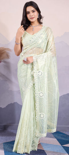 Green color Saree in Net fabric with Embroidered, Printed, Sequence, Thread work