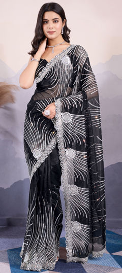 Black and Grey color Saree in Net fabric with Embroidered, Printed, Sequence, Thread work