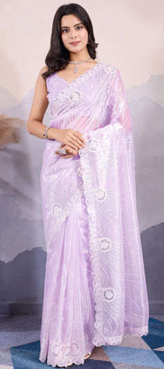 Purple and Violet color Saree in Net fabric with Embroidered, Printed, Sequence, Thread work