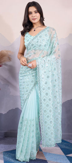 Engagement, Festive, Reception Green color Saree in Net fabric with Classic Embroidered, Sequence, Thread work : 1970597