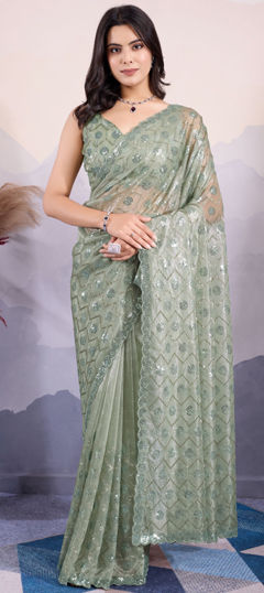 Engagement, Festive, Reception Green color Saree in Net fabric with Classic Embroidered, Sequence, Thread work : 1970598