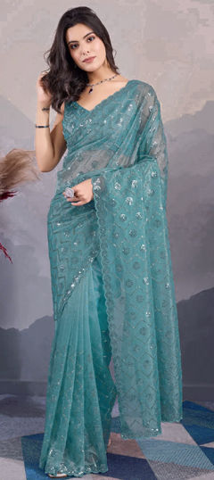 Engagement, Festive, Reception Blue color Saree in Net fabric with Classic Embroidered, Sequence, Thread work : 1970599