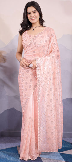 Engagement, Festive, Reception Pink and Majenta color Saree in Net fabric with Classic Embroidered, Sequence, Thread work : 1970600