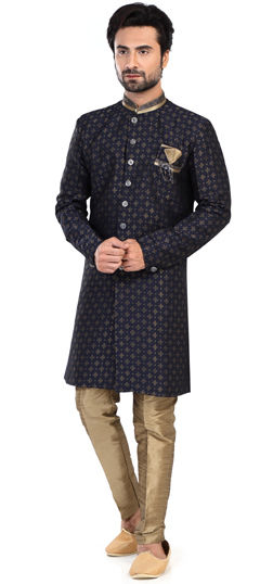 Blue color IndoWestern Dress in Art Silk fabric with Broches, Embroidered, Thread work