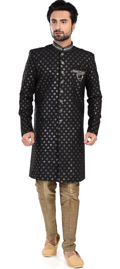 Black and Grey color IndoWestern Dress in Brocade, Jacquard fabric with Broches, Weaving work
